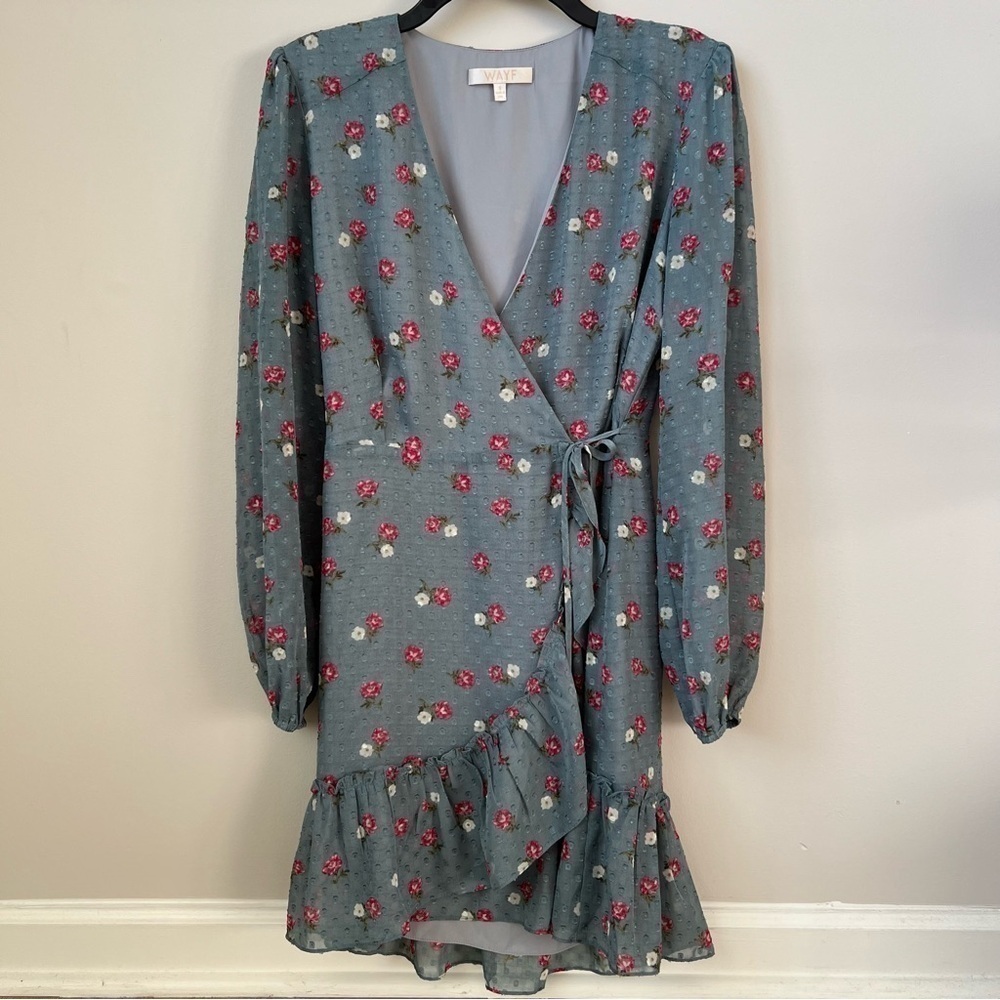Wayf Eloise Floral Wrap Dress Clip Dot Ruffle Long Sheer Sleeve Tulip Hem Sz S - Picture 3 of 14